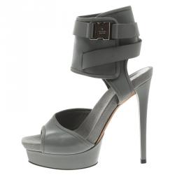 Pre Owned Gucci Grey Leather and Fabric Gail Ankle Cuff Platform Sandals Size 37.5
