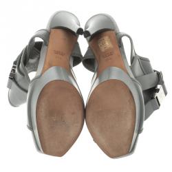 Pre Owned Gucci Grey Leather and Fabric Gail Ankle Cuff Platform Sandals Size 37.5