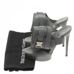Pre Owned Gucci Grey Leather and Fabric Gail Ankle Cuff Platform Sandals Size 37.5