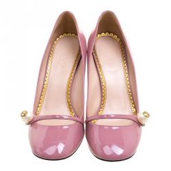 Pre Owned حذاء كعب عالي غوتشي ماري جين جلد وردي لؤلؤ مزين مقاس 36