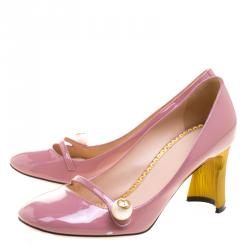 Pre Owned حذاء كعب عالي غوتشي ماري جين جلد وردي لؤلؤ مزين مقاس 36