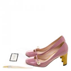 Pre Owned حذاء كعب عالي غوتشي ماري جين جلد وردي لؤلؤ مزين مقاس 36