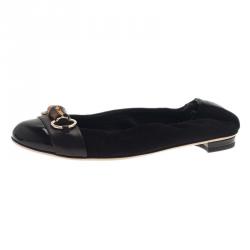 Pre Owned Gucci Black Patent Leather and Suede Bamboo Horsebit Ballet Flats Size 38