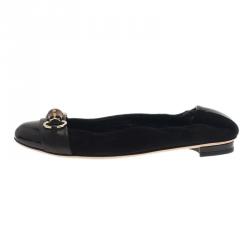 Pre Owned Gucci Black Patent Leather and Suede Bamboo Horsebit Ballet Flats Size 38