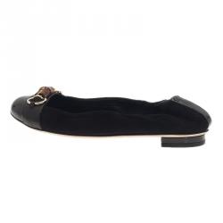 Pre Owned Gucci Black Patent Leather and Suede Bamboo Horsebit Ballet Flats Size 38