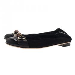 Pre Owned Gucci Black Patent Leather and Suede Bamboo Horsebit Ballet Flats Size 38
