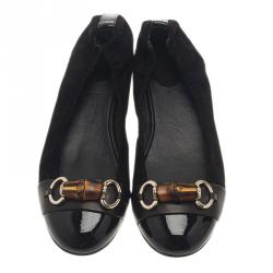 Pre Owned Gucci Black Patent Leather and Suede Bamboo Horsebit Ballet Flats Size 38