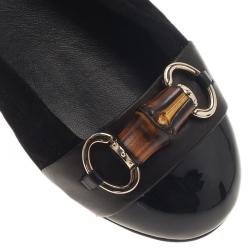 Pre Owned Gucci Black Patent Leather and Suede Bamboo Horsebit Ballet Flats Size 38