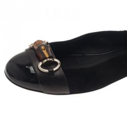 Pre Owned Gucci Black Patent Leather and Suede Bamboo Horsebit Ballet Flats Size 38