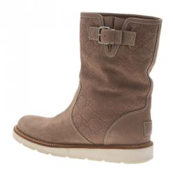 Pre Owned Gucci Brown Guccissima Suede Quercy Buckled Boots Size 37