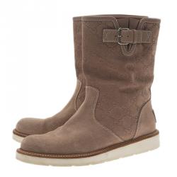 Pre Owned Gucci Brown Guccissima Suede Quercy Buckled Boots Size 37