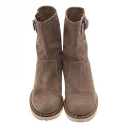 Pre Owned Gucci Brown Guccissima Suede Quercy Buckled Boots Size 37