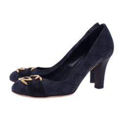 Pre Owned Gucci Black Guccissima Canvas Interlocking G Buckle Pumps Size 38.5
