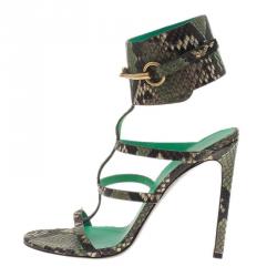 مملوكة مسبقًا Gucci Green Python ‘Ursula’ Ankle Strap Cage Sandals Size 39