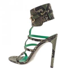 مملوكة مسبقًا Gucci Green Python ‘Ursula’ Ankle Strap Cage Sandals Size 39