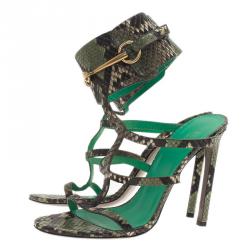 مملوكة مسبقًا Gucci Green Python ‘Ursula’ Ankle Strap Cage Sandals Size 39