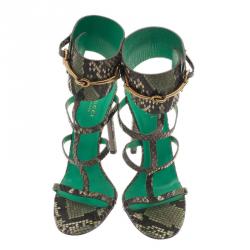 مملوكة مسبقًا Gucci Green Python ‘Ursula’ Ankle Strap Cage Sandals Size 39