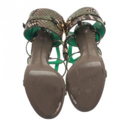 مملوكة مسبقًا Gucci Green Python ‘Ursula’ Ankle Strap Cage Sandals Size 39
