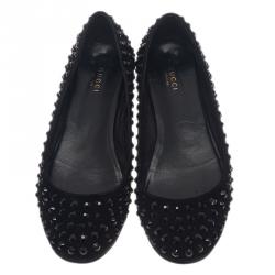 Pre Owned حذاء باليرينا فلات غوتشي سويدي مرصع كريستال أسود مقاس 39