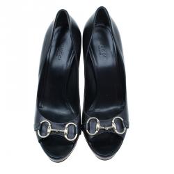 Pre Owned Gucci Black Leather Hollywood Horsebit Peep Toe Pumps Size 40.5