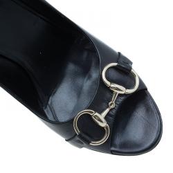 Pre Owned Gucci Black Leather Hollywood Horsebit Peep Toe Pumps Size 40.5
