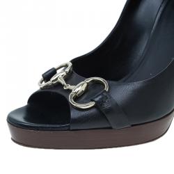 Pre Owned Gucci Black Leather Hollywood Horsebit Peep Toe Pumps Size 40.5