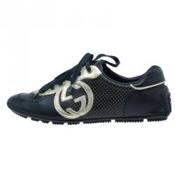 Pre Owned حذاء رياضي غوتشي جلد أسود و ضهبي بالشعار مقاس 36