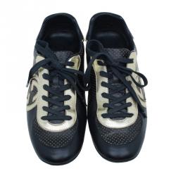 Pre Owned حذاء رياضي غوتشي جلد أسود و ضهبي بالشعار مقاس 36