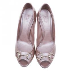 Pre Owned حذاء غوتشي نيوهوليوود جلد وردي ميتاليك بحلية لجام الحصان و مقدمة مفتوحة مقاس 38.5