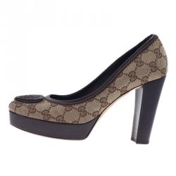 Pre Owned Gucci Beige Guccissima Canvas Heart Crest Tribeca Platform Pumps Size 37.5
