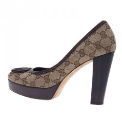 Pre Owned Gucci Beige Guccissima Canvas Heart Crest Tribeca Platform Pumps Size 37.5