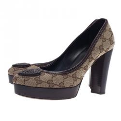 Pre Owned Gucci Beige Guccissima Canvas Heart Crest Tribeca Platform Pumps Size 37.5