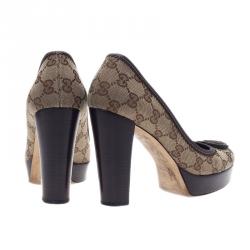 Pre Owned Gucci Beige Guccissima Canvas Heart Crest Tribeca Platform Pumps Size 37.5
