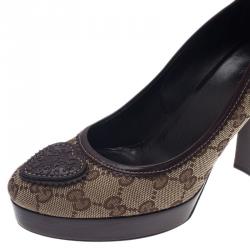Pre Owned Gucci Beige Guccissima Canvas Heart Crest Tribeca Platform Pumps Size 37.5