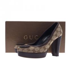 Pre Owned Gucci Beige Guccissima Canvas Heart Crest Tribeca Platform Pumps Size 37.5
