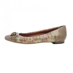 Pre Owned Gucci Multicolor Raffia Cap Toe Bamboo Horsebit Kitty Ballet Flats Size 35.5