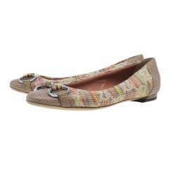 Pre Owned Gucci Multicolor Raffia Cap Toe Bamboo Horsebit Kitty Ballet Flats Size 35.5