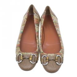Pre Owned Gucci Multicolor Raffia Cap Toe Bamboo Horsebit Kitty Ballet Flats Size 35.5