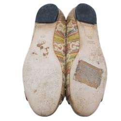 Pre Owned Gucci Multicolor Raffia Cap Toe Bamboo Horsebit Kitty Ballet Flats Size 35.5