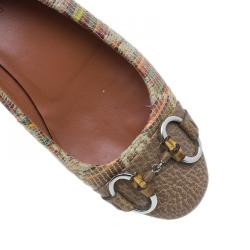 Pre Owned Gucci Multicolor Raffia Cap Toe Bamboo Horsebit Kitty Ballet Flats Size 35.5
