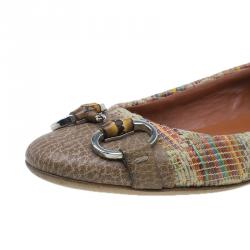 Pre Owned Gucci Multicolor Raffia Cap Toe Bamboo Horsebit Kitty Ballet Flats Size 35.5