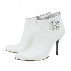 Pre Owned حذاء بوت غوتشي جلد أبيض حرفي GG متداخلين للكاحل مقاس 38.5