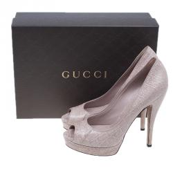 Gucci Beige Embossed Leather Peep Toe Pumps Size 39