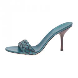 Pre Owned Gucci Teal Braided Leather Open Toe Slides Size 38