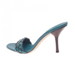 Pre Owned Gucci Teal Braided Leather Open Toe Slides Size 38