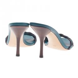 Pre Owned Gucci Teal Braided Leather Open Toe Slides Size 38