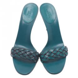 Pre Owned Gucci Teal Braided Leather Open Toe Slides Size 38