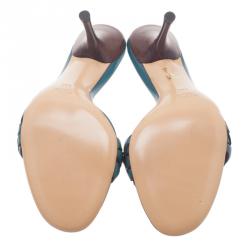 Pre Owned Gucci Teal Braided Leather Open Toe Slides Size 38