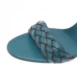 Pre Owned Gucci Teal Braided Leather Open Toe Slides Size 38