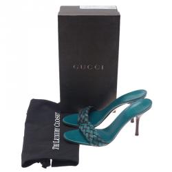 Pre Owned Gucci Teal Braided Leather Open Toe Slides Size 38